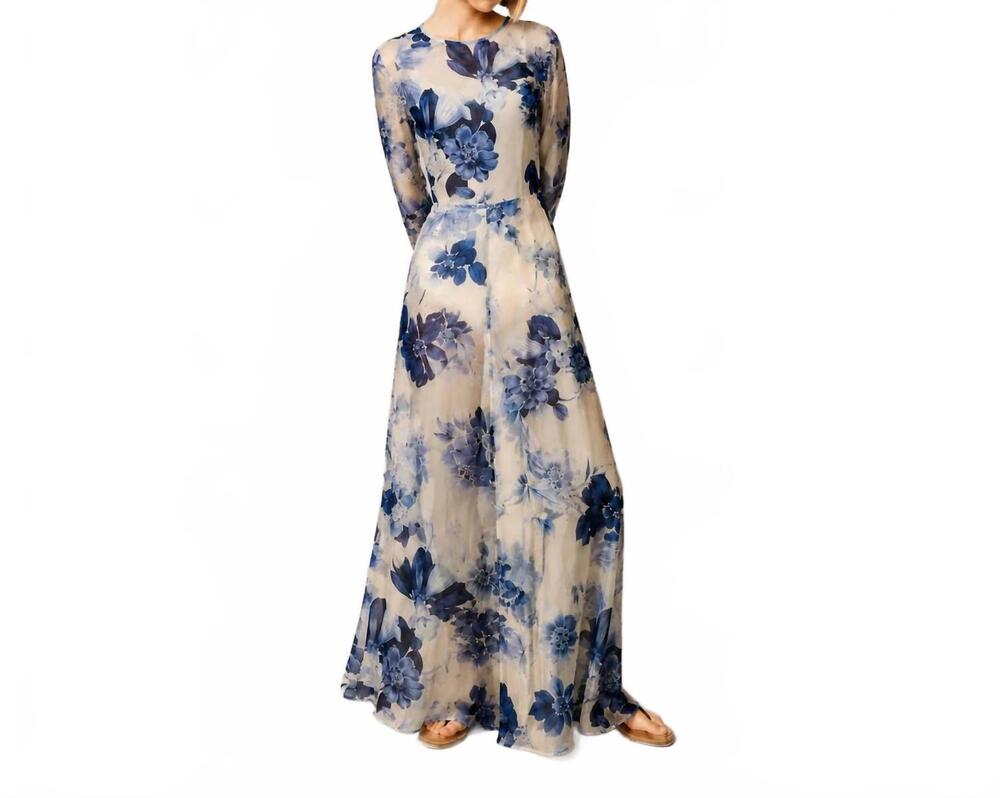 NEW MAISON ZOULIAS aphrodite long silk maxi dress in blue floral